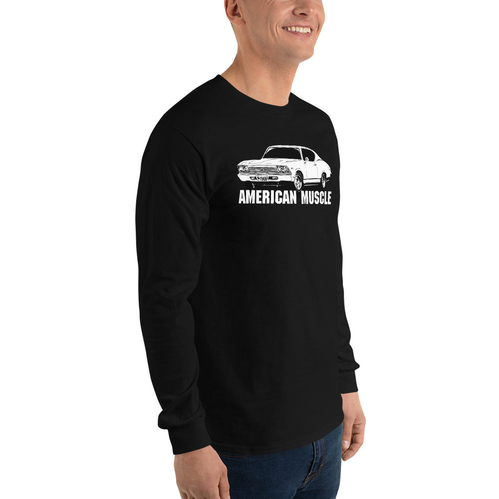 man modeling a 1969 Chevelle Car Long Sleeve T-Shirt in black