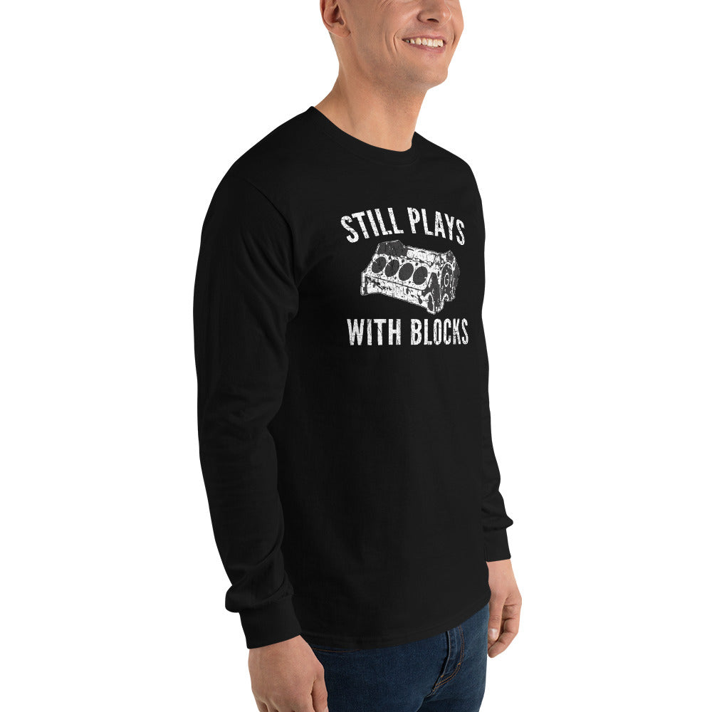 Still Plays With Blocks Car Enthusiasts Long Sleeve Shirt modeled in black