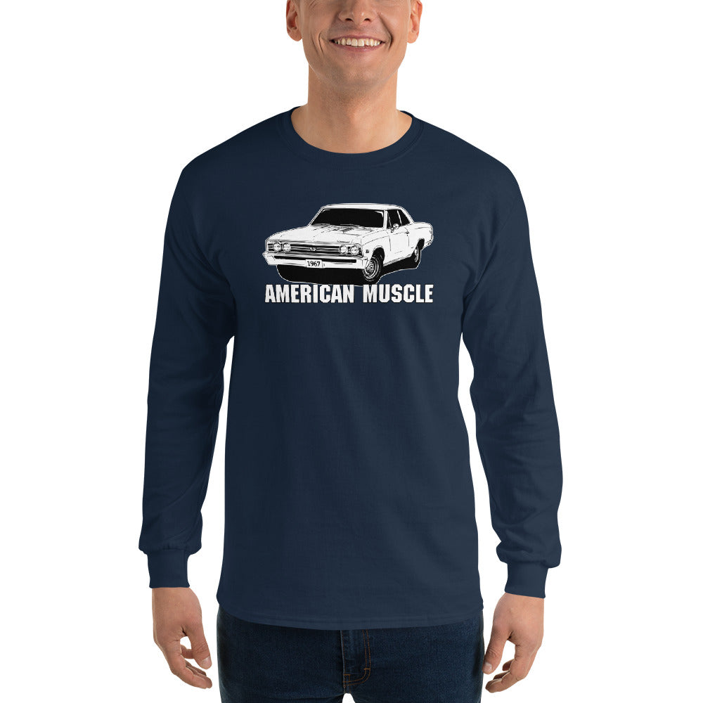 Man modeling a 1967 Chevelle Long Sleeve T-shirt in navy