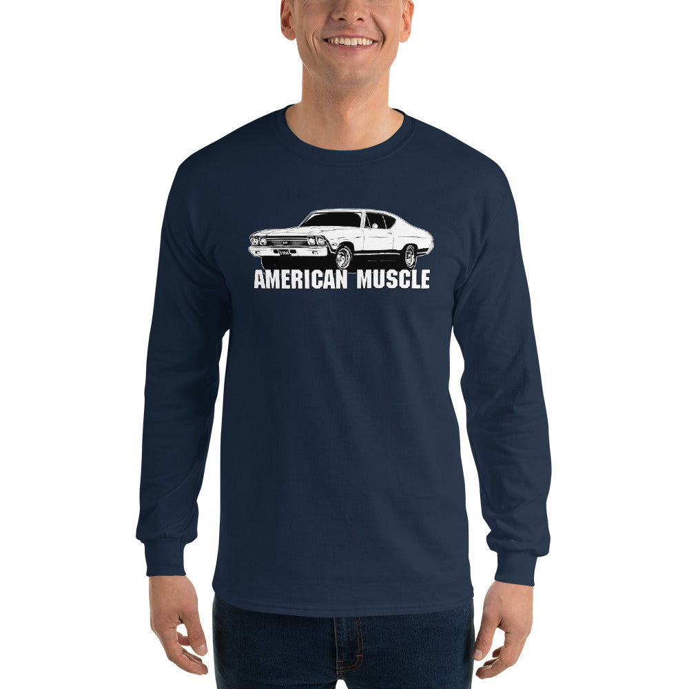 Man modeling a 1968 Chevelle Long Sleeve Shirt in navy
