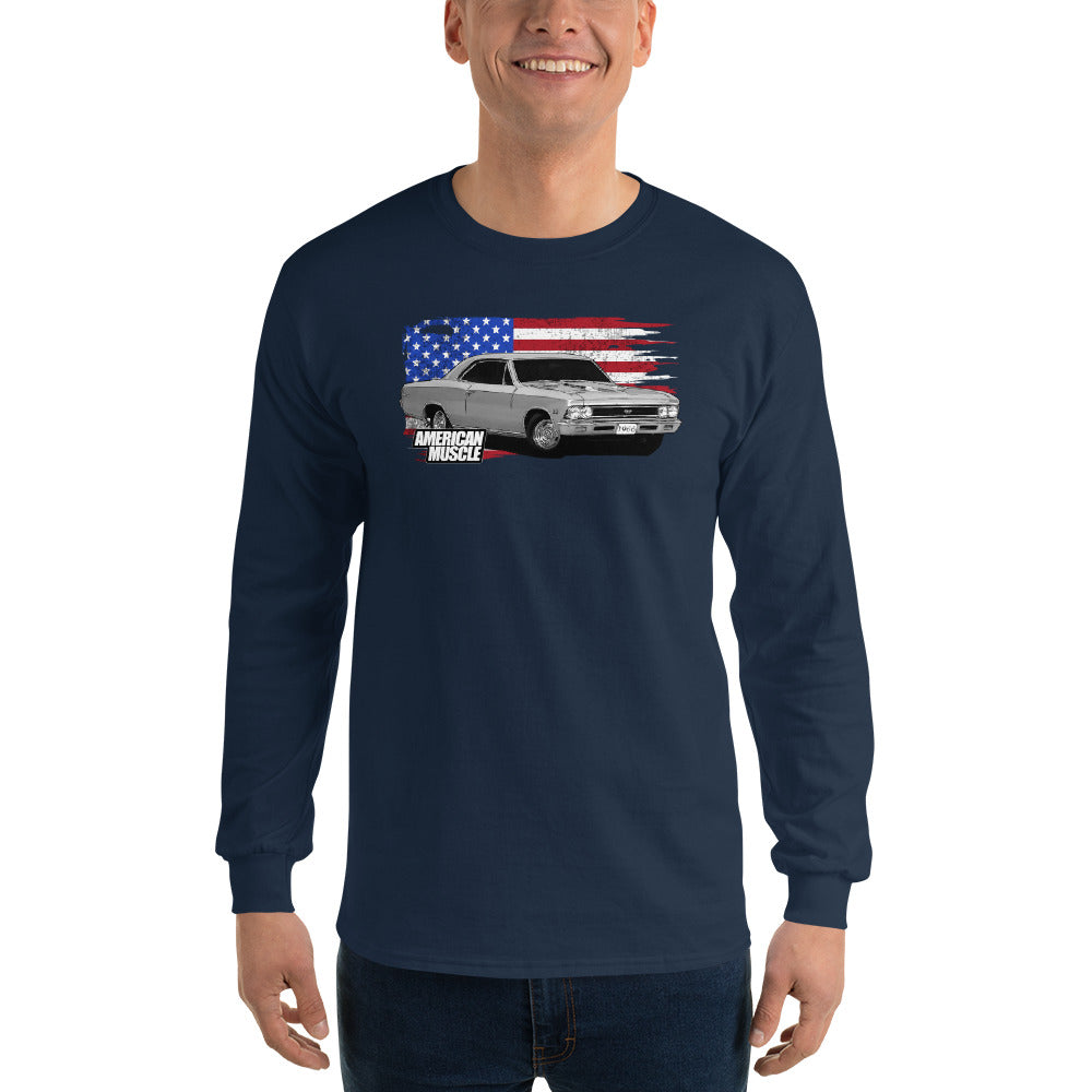 1966 Chevelle Long Sleeve T-Shirt with American Flag-In-Navy-From Aggressive Thread