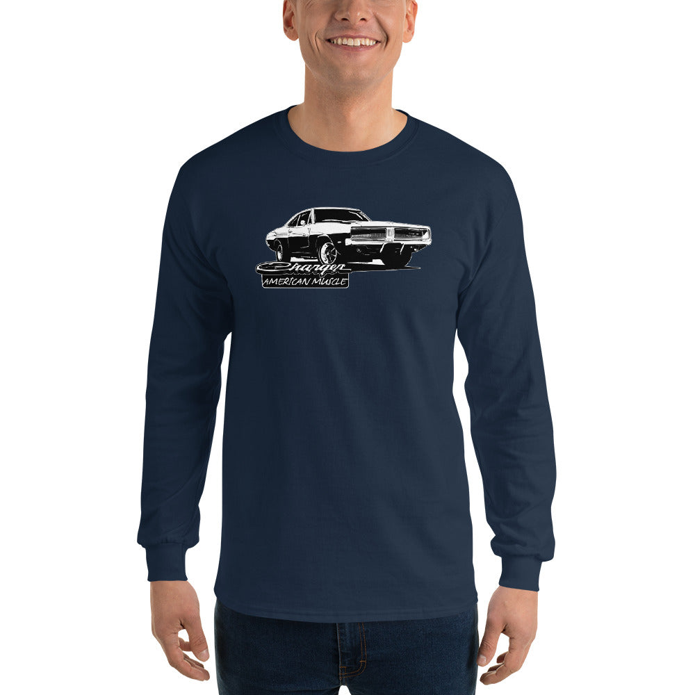 1969 Charger Long Sleeve Shirt modeled in navy