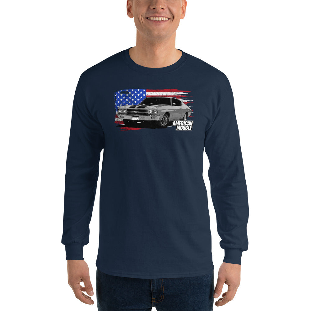 1970 Chevelle Long Sleeve Shirt modeled in navy