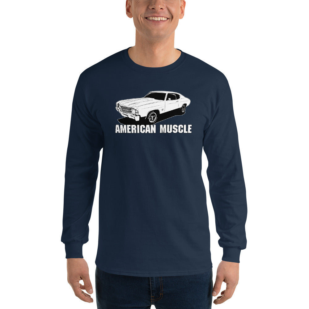 1971 Chevelle American Muscle Long Sleeve T-Shirt modeled in navy