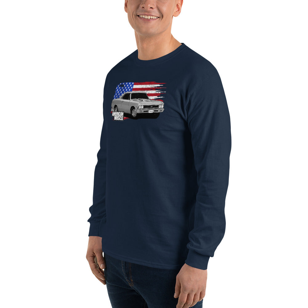1966 Chevelle Long Sleeve T-Shirt with American Flag-In-White-From Aggressive Thread