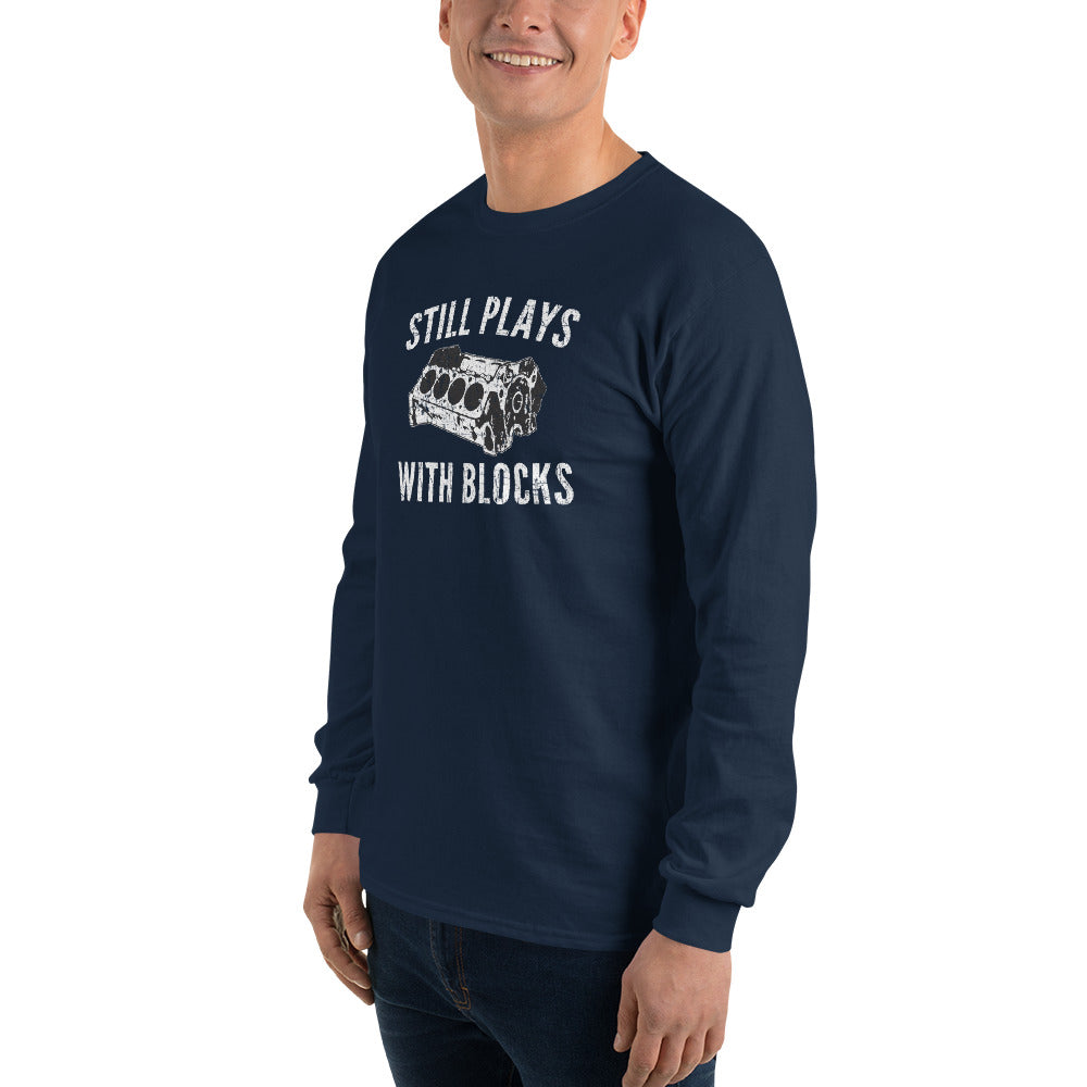 Still Plays With Blocks Car Enthusiasts Long Sleeve Shirt modeled in navy