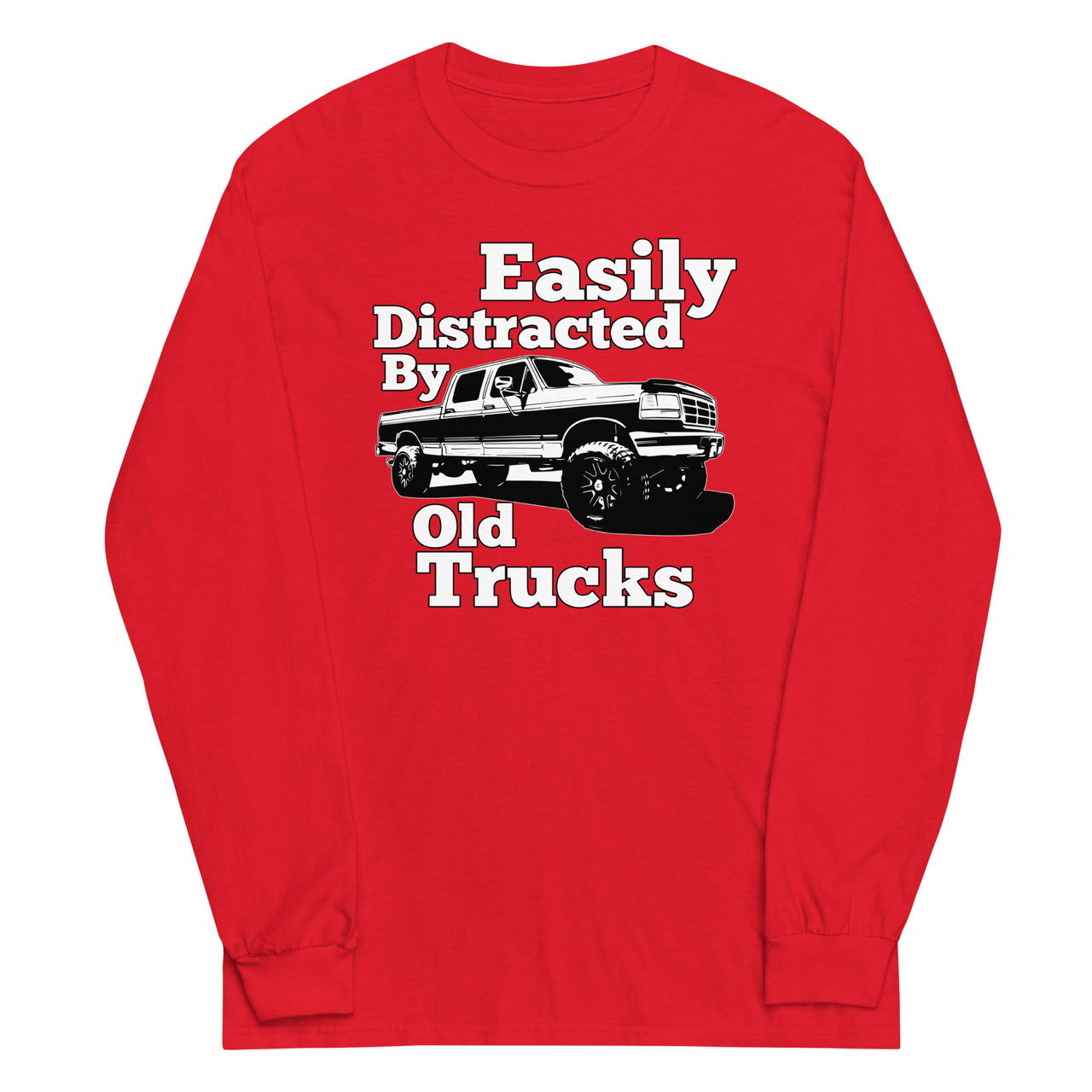 red OBS Truck Long Sleeve Shirt Crew Cab - Easily Distracted By Old Trucks