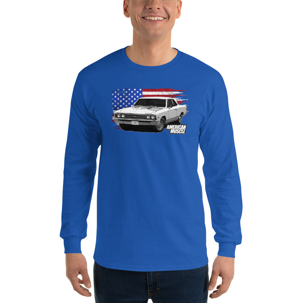 man modeling a 1967 Chevelle Long Sleeve Shirt With American Flag in royal