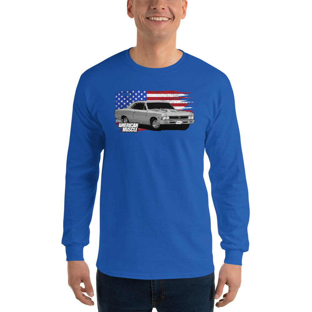 1966 Chevelle Long Sleeve T-Shirt with American Flag-In-Royal-From Aggressive Thread