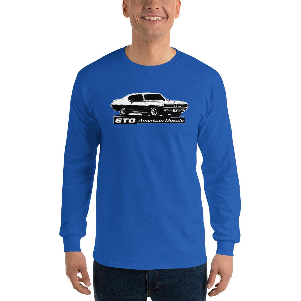 1969 GTO Long Sleeve T-Shirt modeled in blue1969 GTO Long Sleeve T-Shirt in white