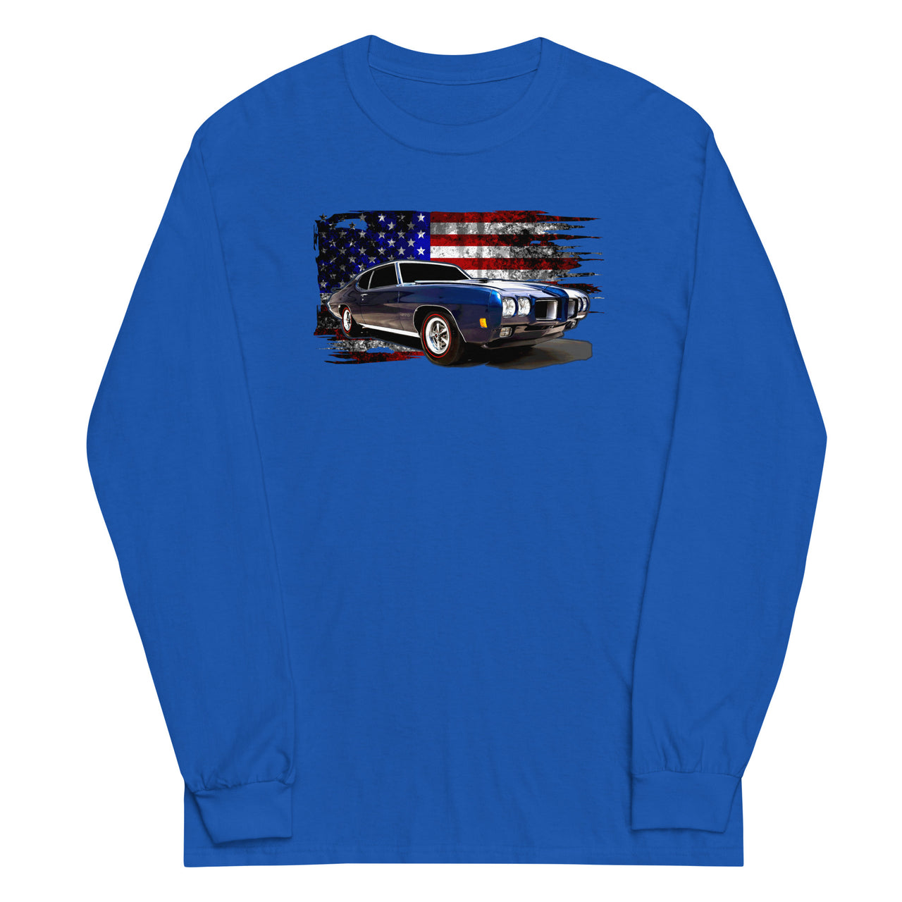 1970 GTO Long Sleeve Shirt With American Flag-In-Royal-From Aggressive Thread