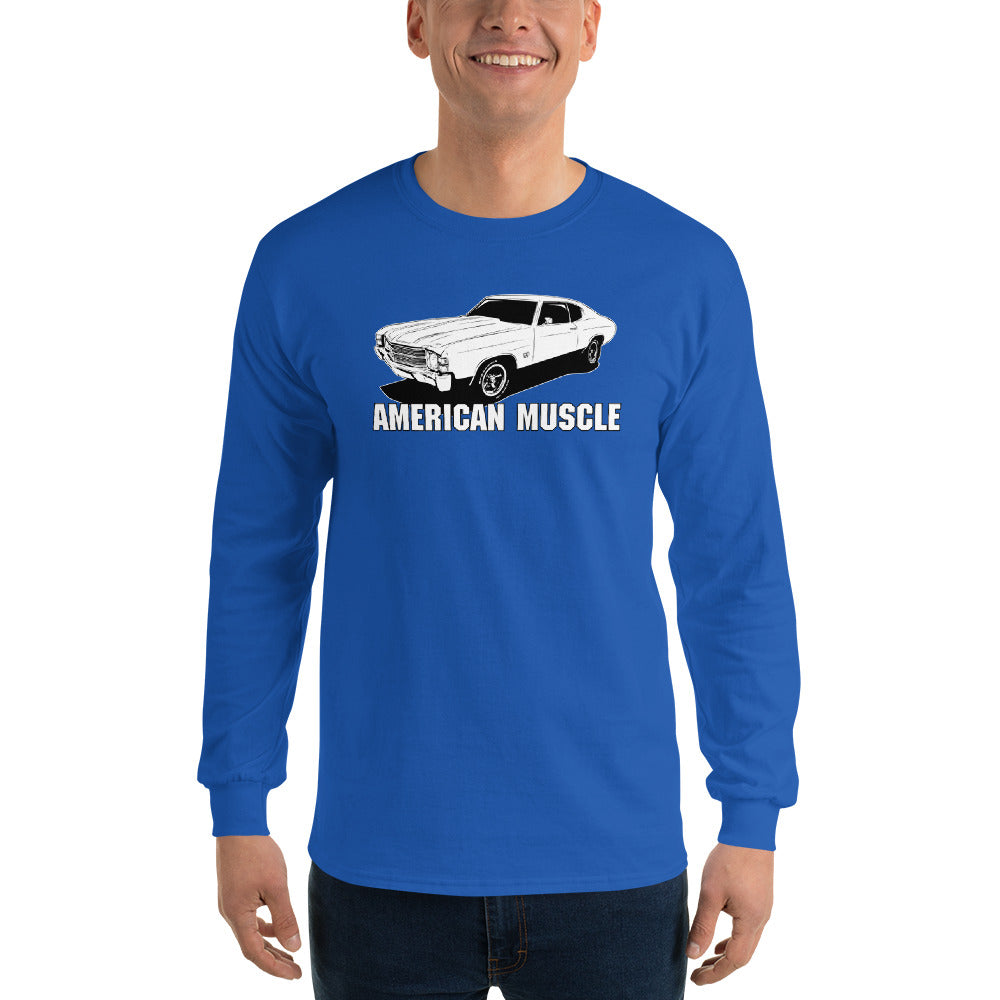 1971 Chevelle American Muscle Long Sleeve T-Shirt modeled in royal