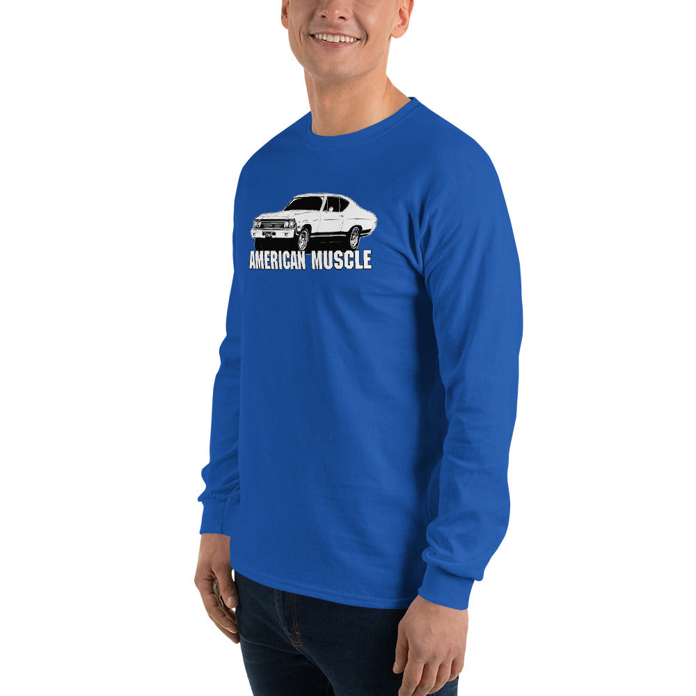 Man modeling a 1968 Chevelle Long Sleeve Shirt in royal
