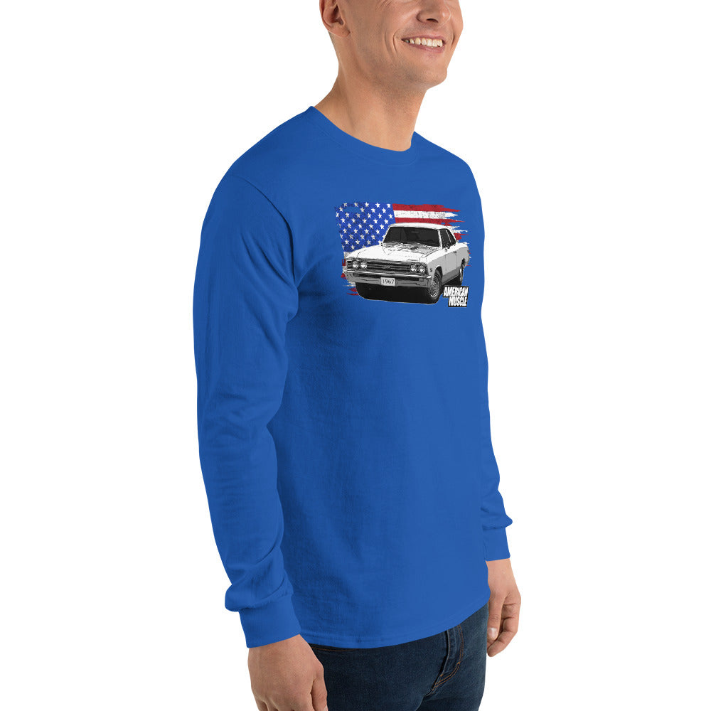 man modeling a 1967 Chevelle Long Sleeve Shirt With American Flag in royal