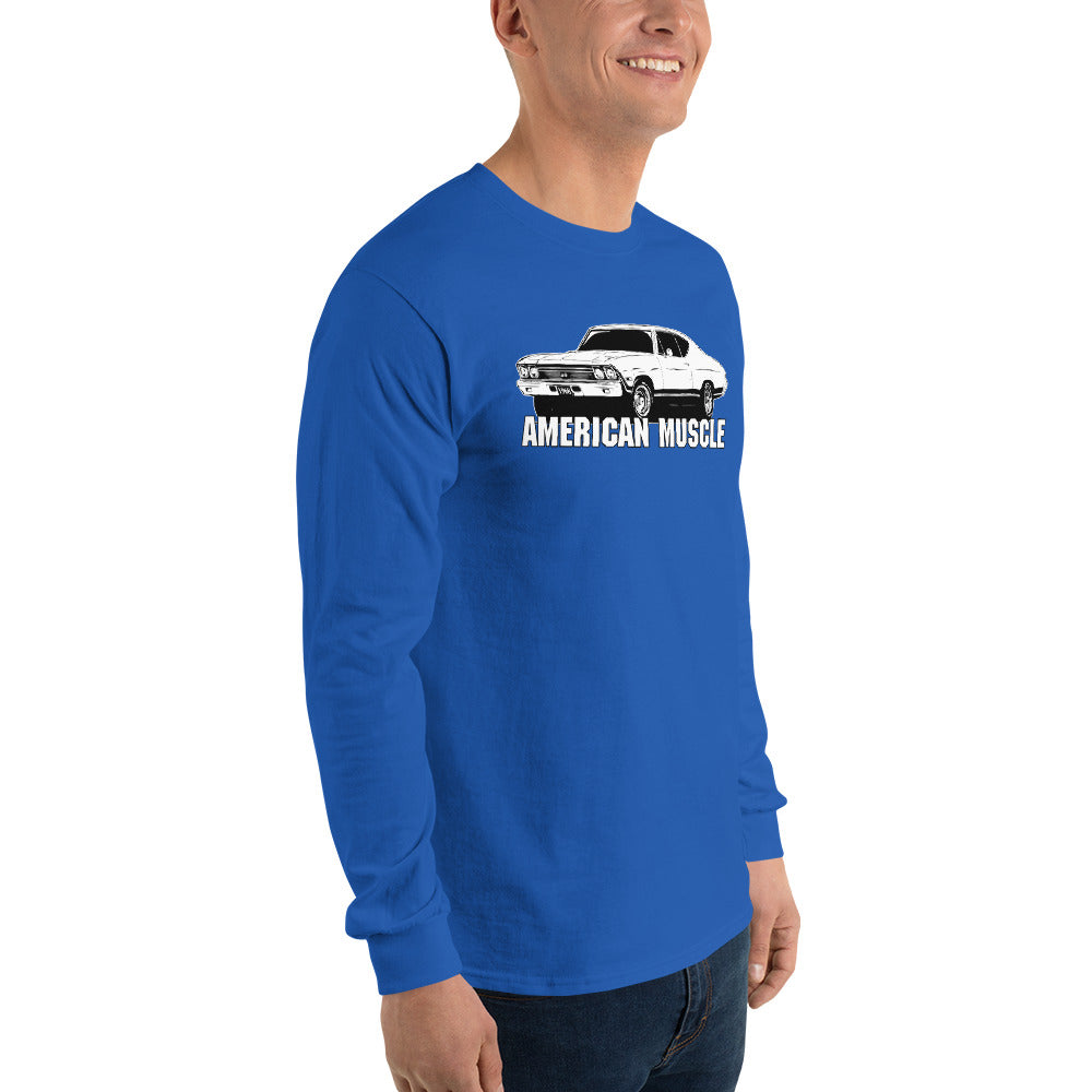 Man modeling a 1968 Chevelle Long Sleeve Shirt in royal