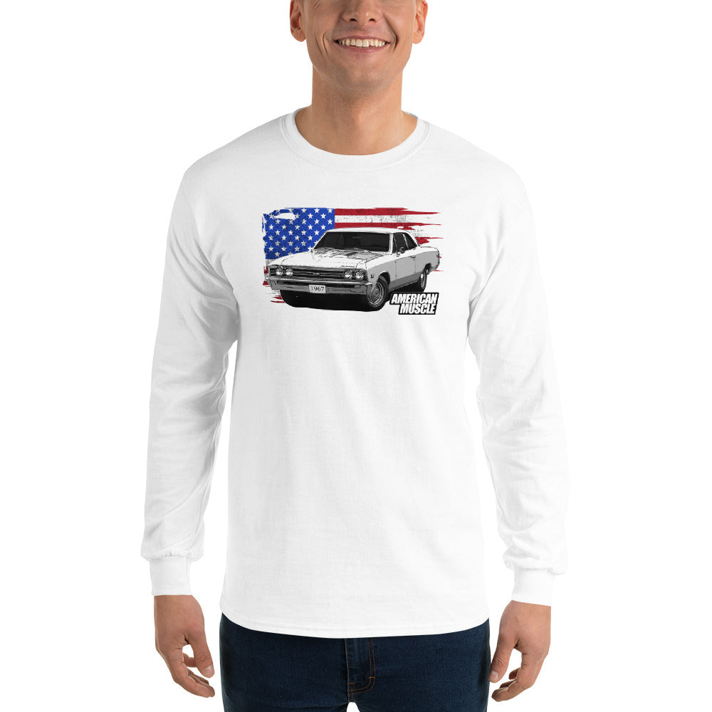 man modeling a 1967 Chevelle Long Sleeve Shirt With American Flag in white