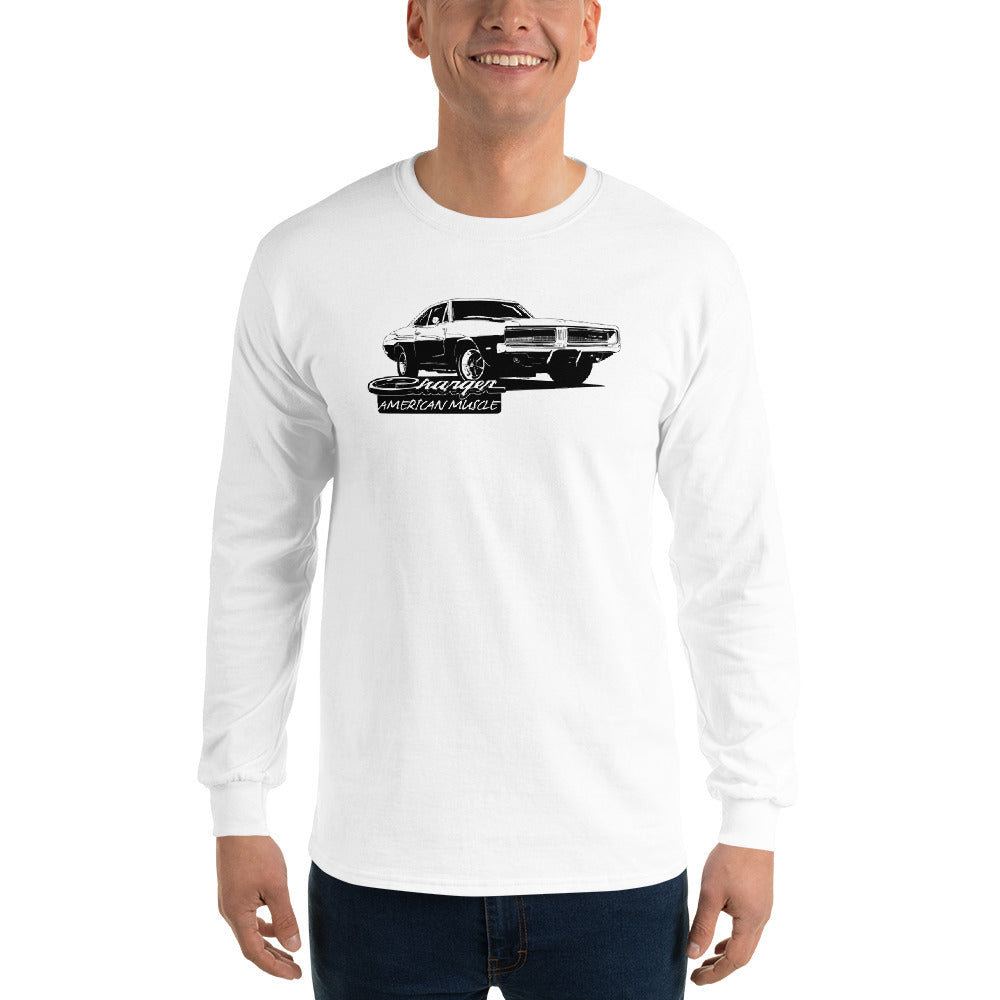1969 Charger Long Sleeve Shirt modeled in white