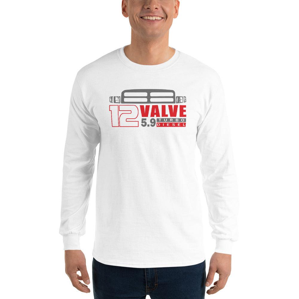 12 Valve Second Gen Long Sleeve T-Shirt modeled in white