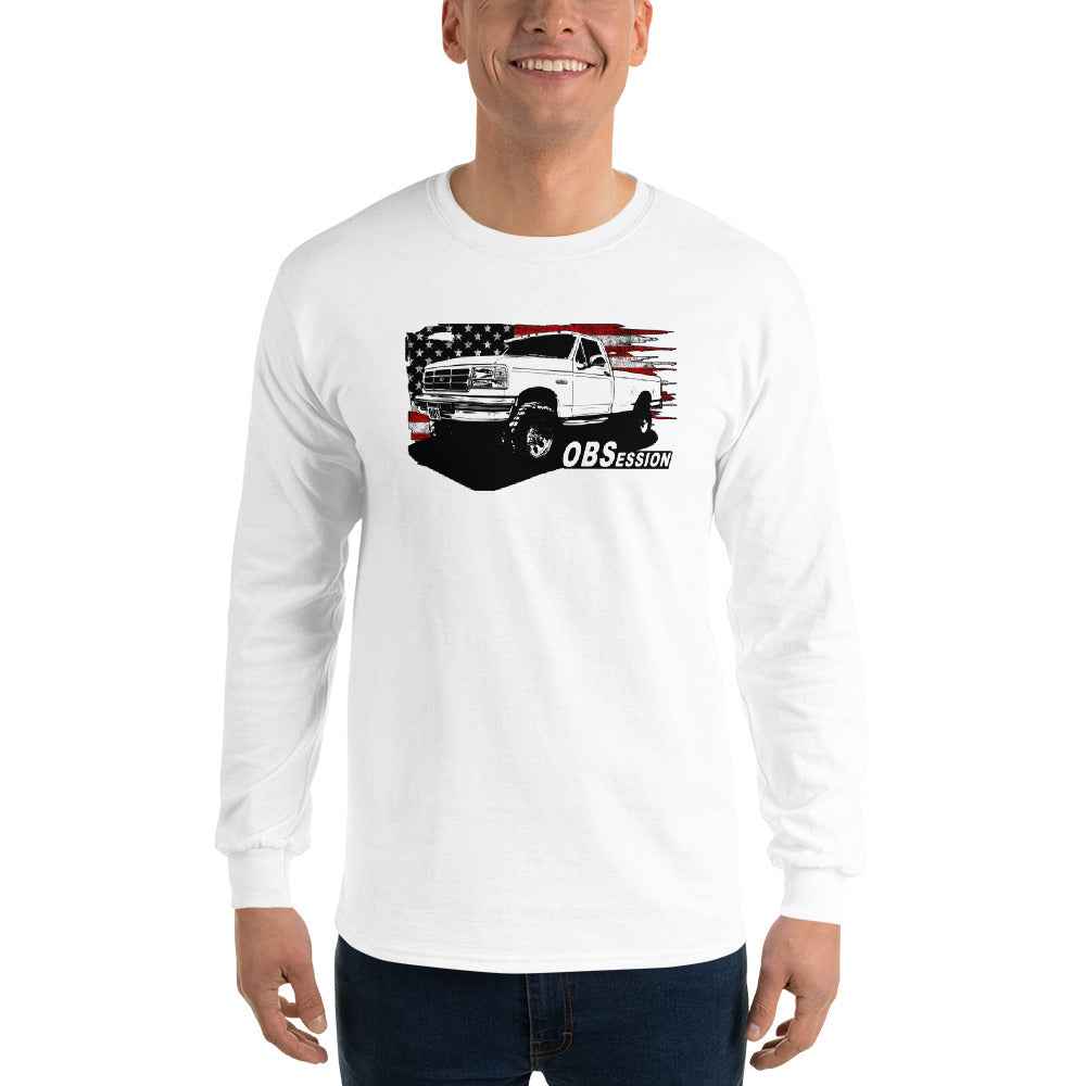 OBS Single Cab Truck Long Sleeve T-Shirt modeled in white