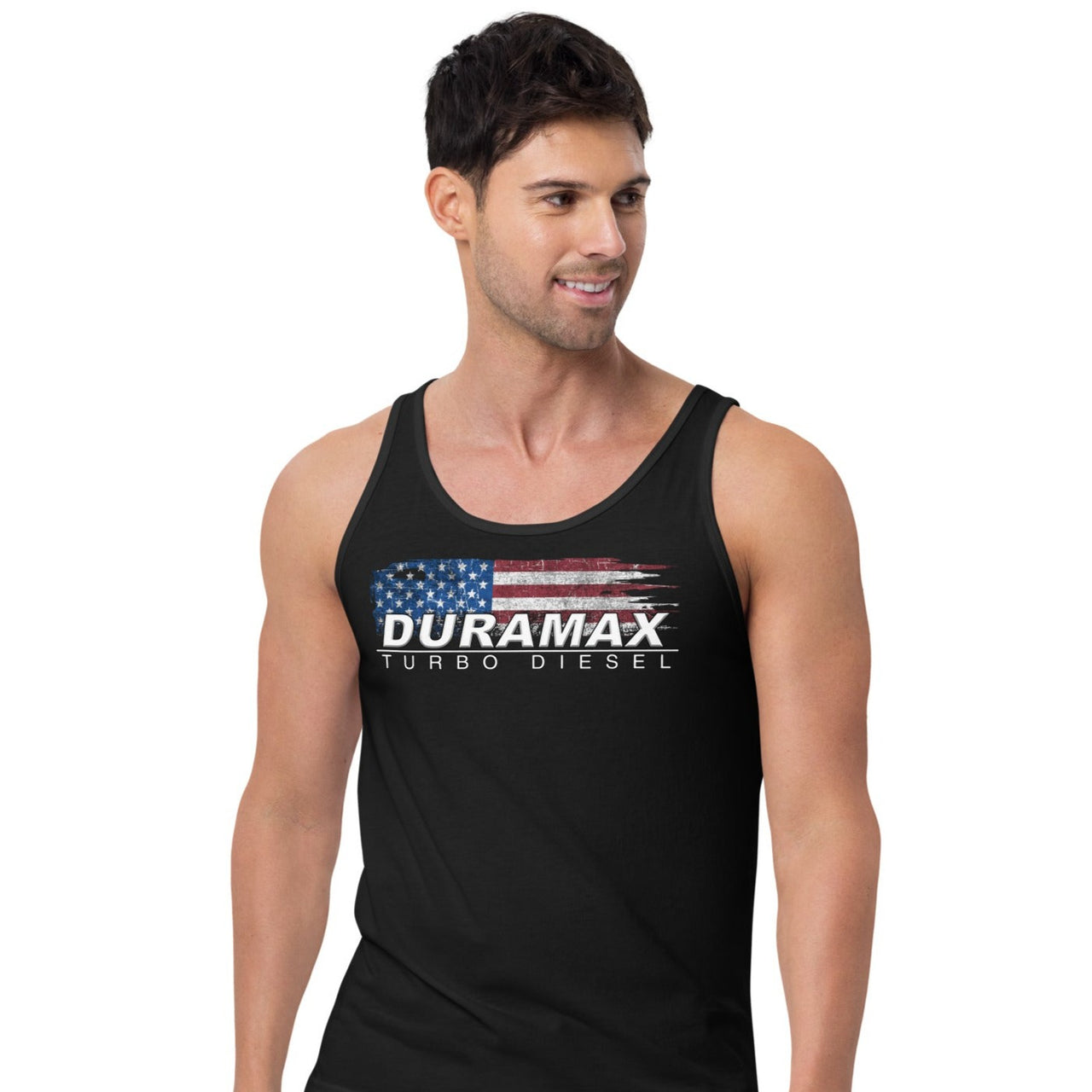 Duramax Tank Top Patriotic Shirt modeled in black