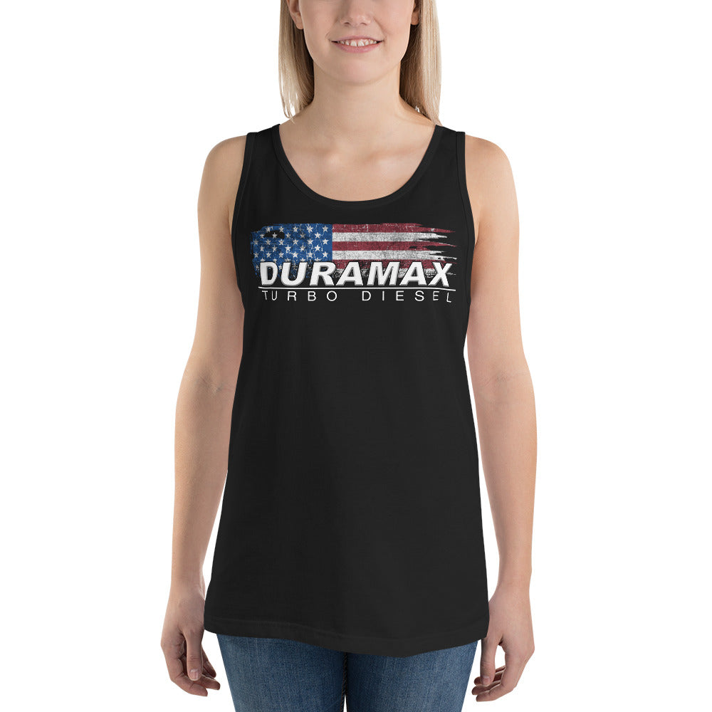 Duramax Tank Top Patriotic Shirt modeled in black on woman