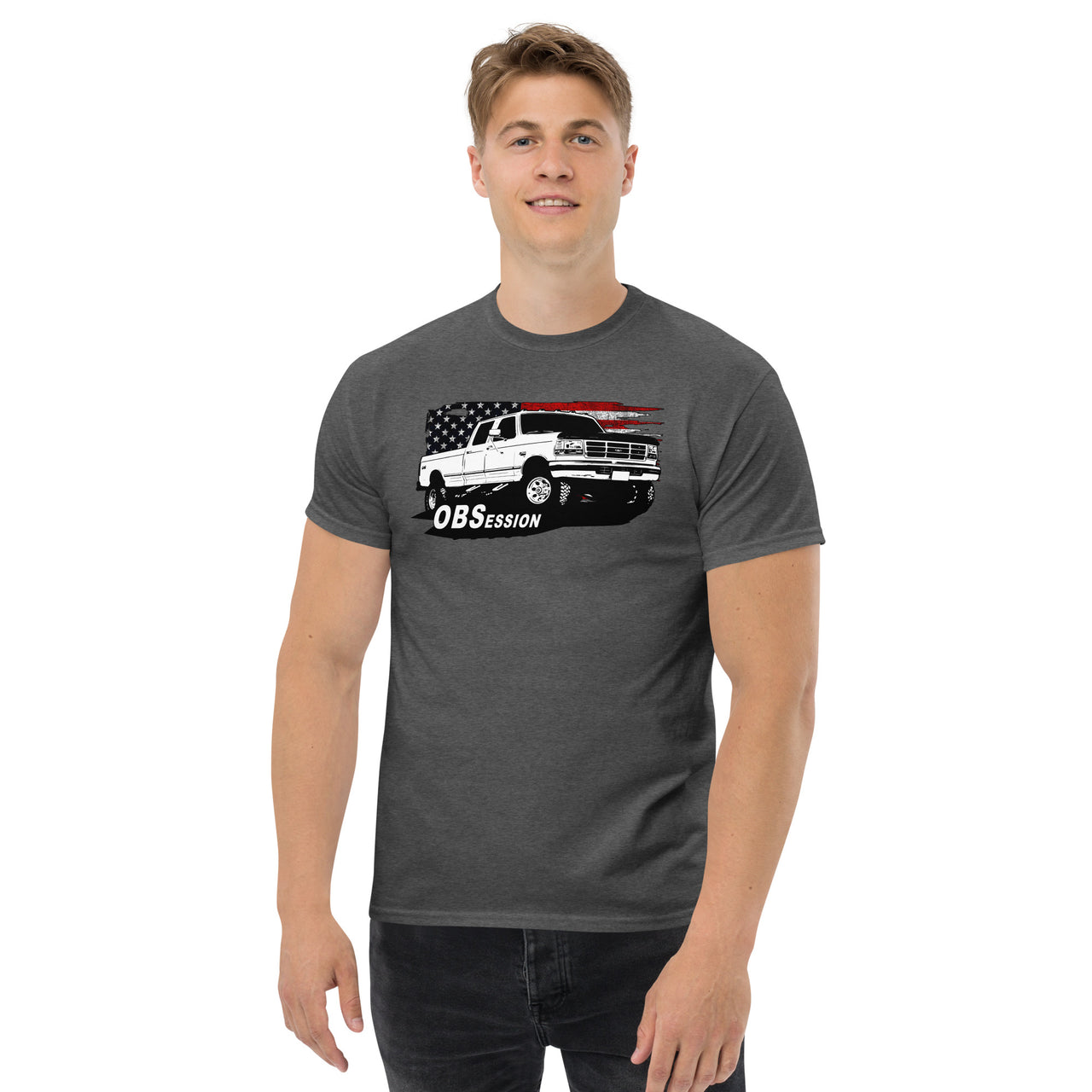 OBS Crew Cab Truck American Flag T-Shirt modeled in grey