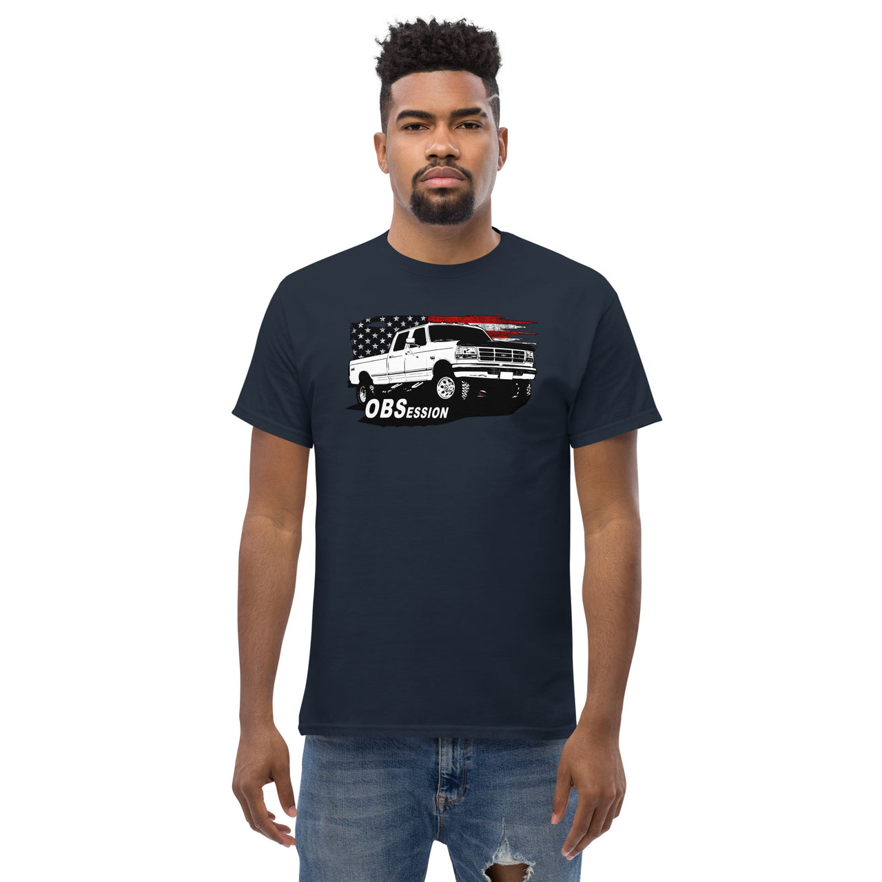 OBS Crew Cab Truck American Flag T-Shirt modeled in navy