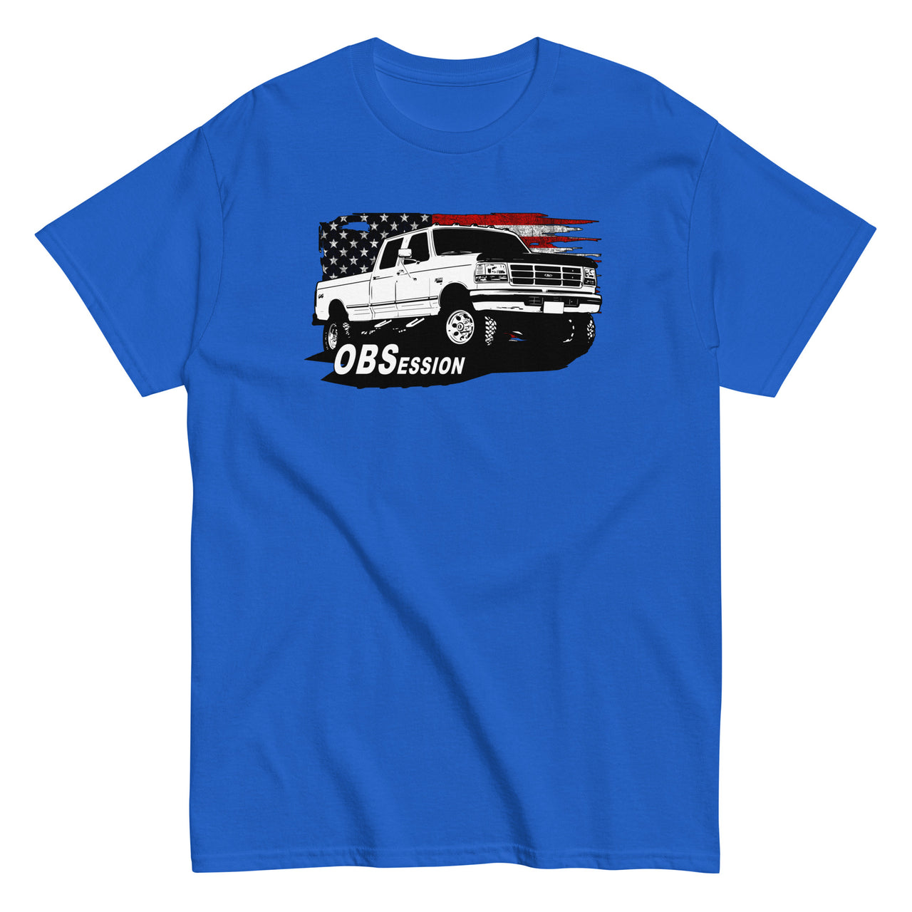 OBS Crew Cab Truck American Flag T-Shirt modeled in royal