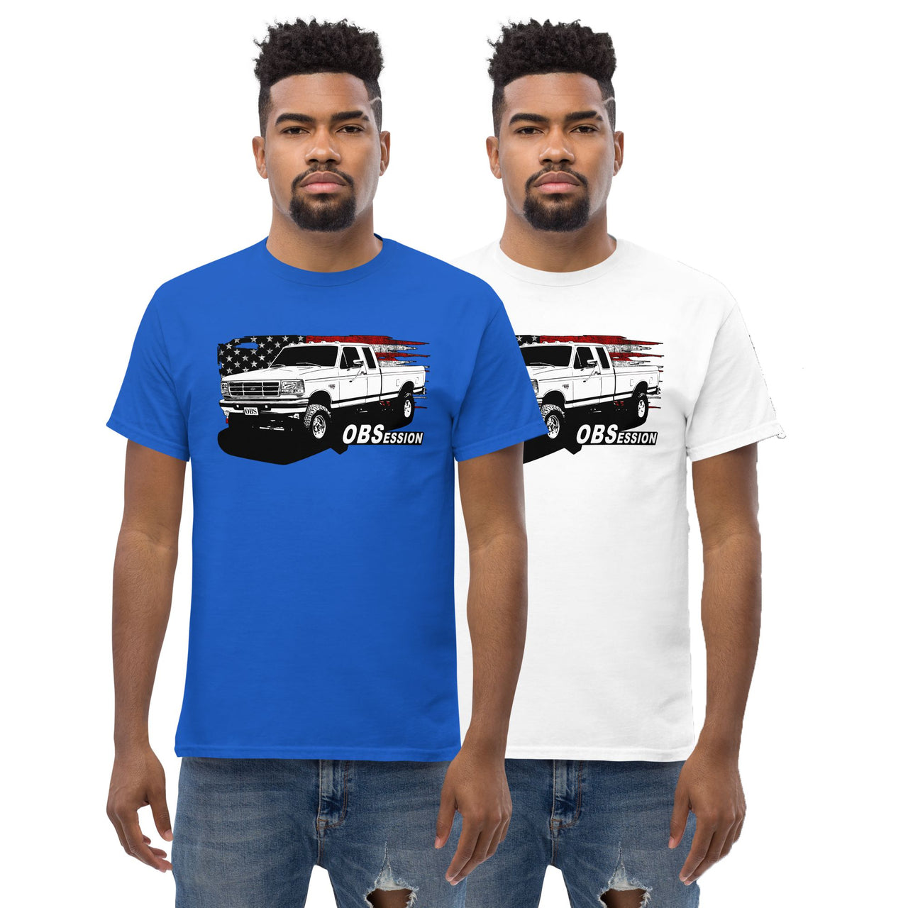 Patriotic OBS Ext Cab Truck T-shirt modeled