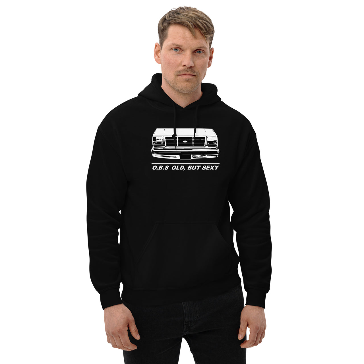 OBS Truck - Old, But Sexy Hoodie modeled in black