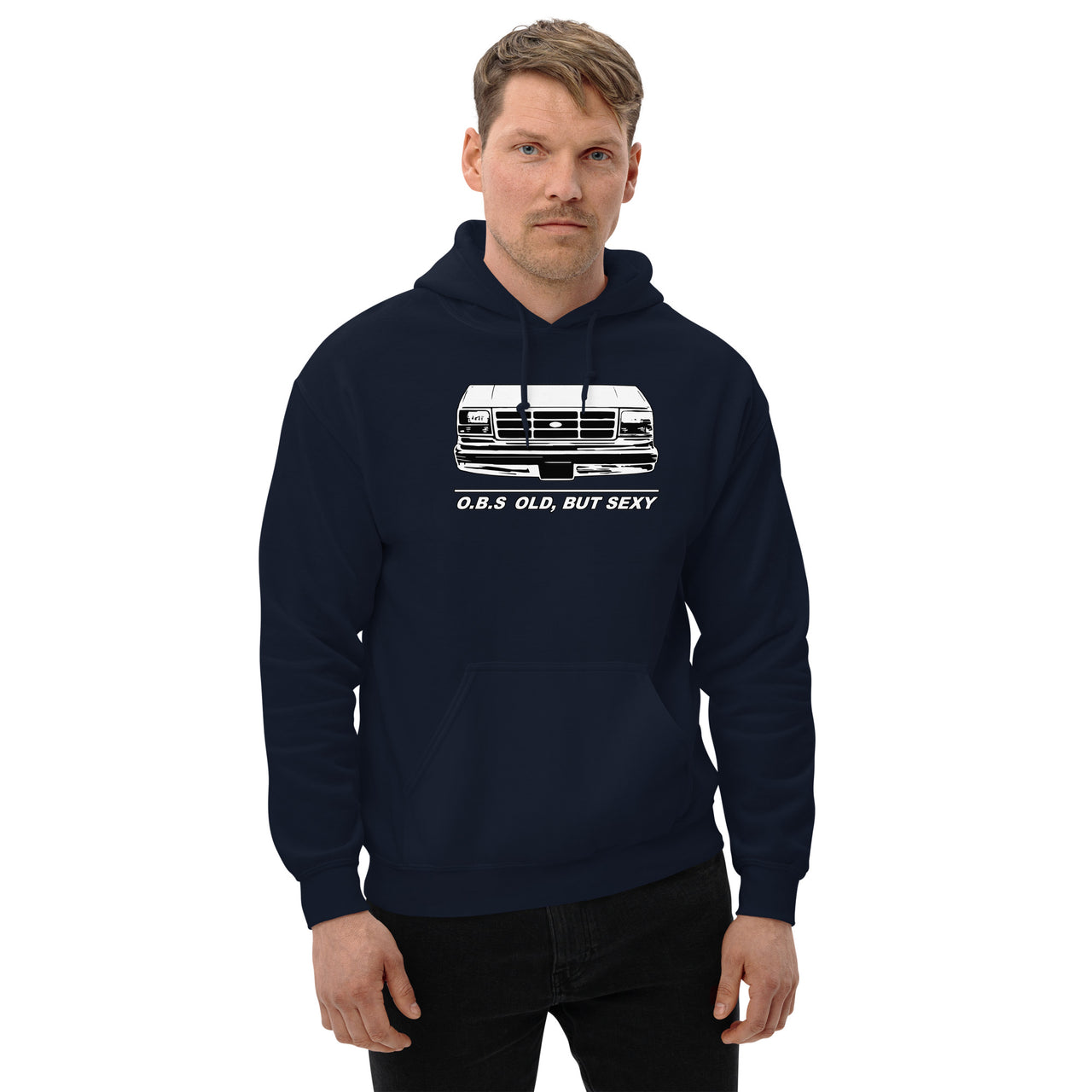 OBS Truck - Old, But Sexy Hoodie modeled in navy