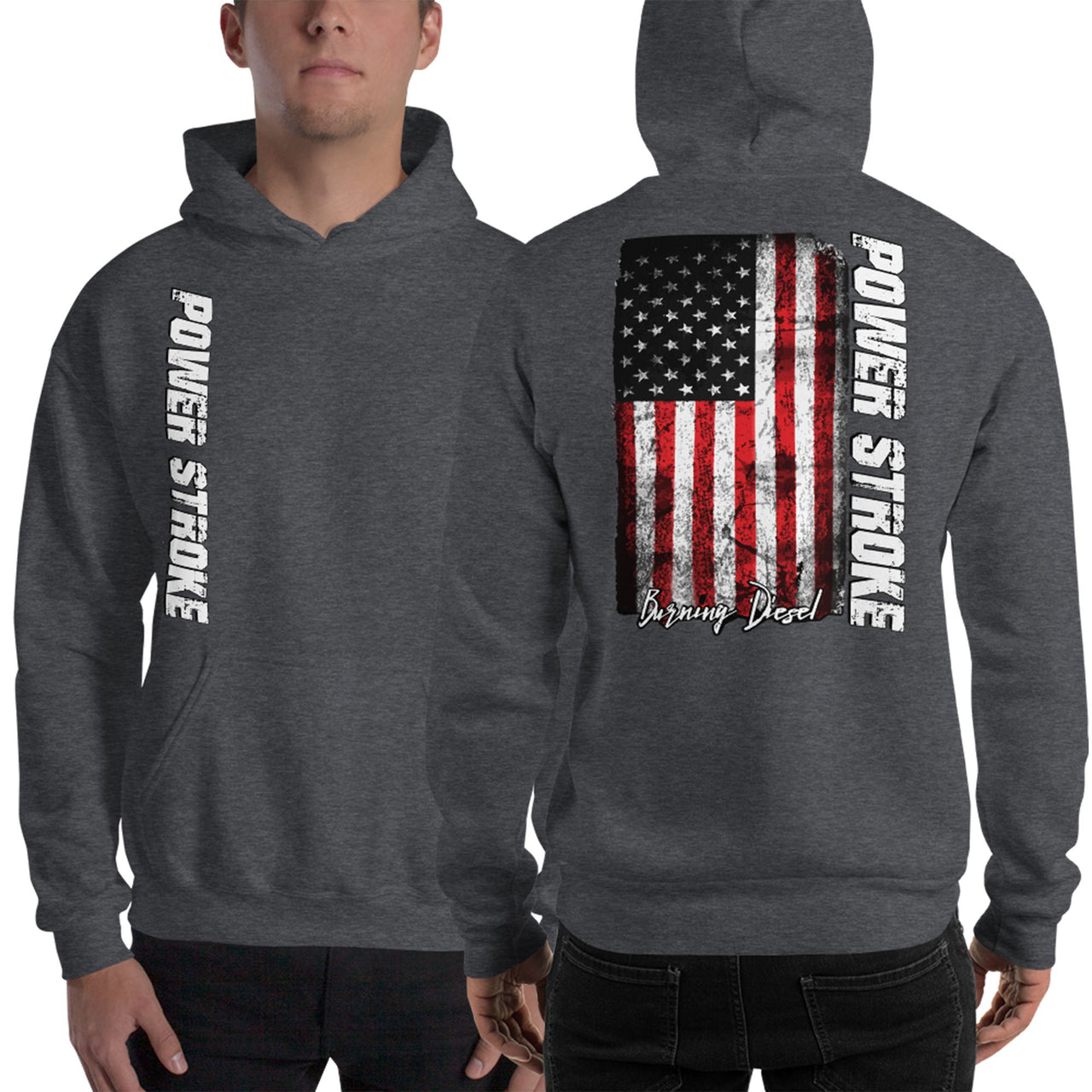 Powerstroke Hoodie with American Flag modeled in grey