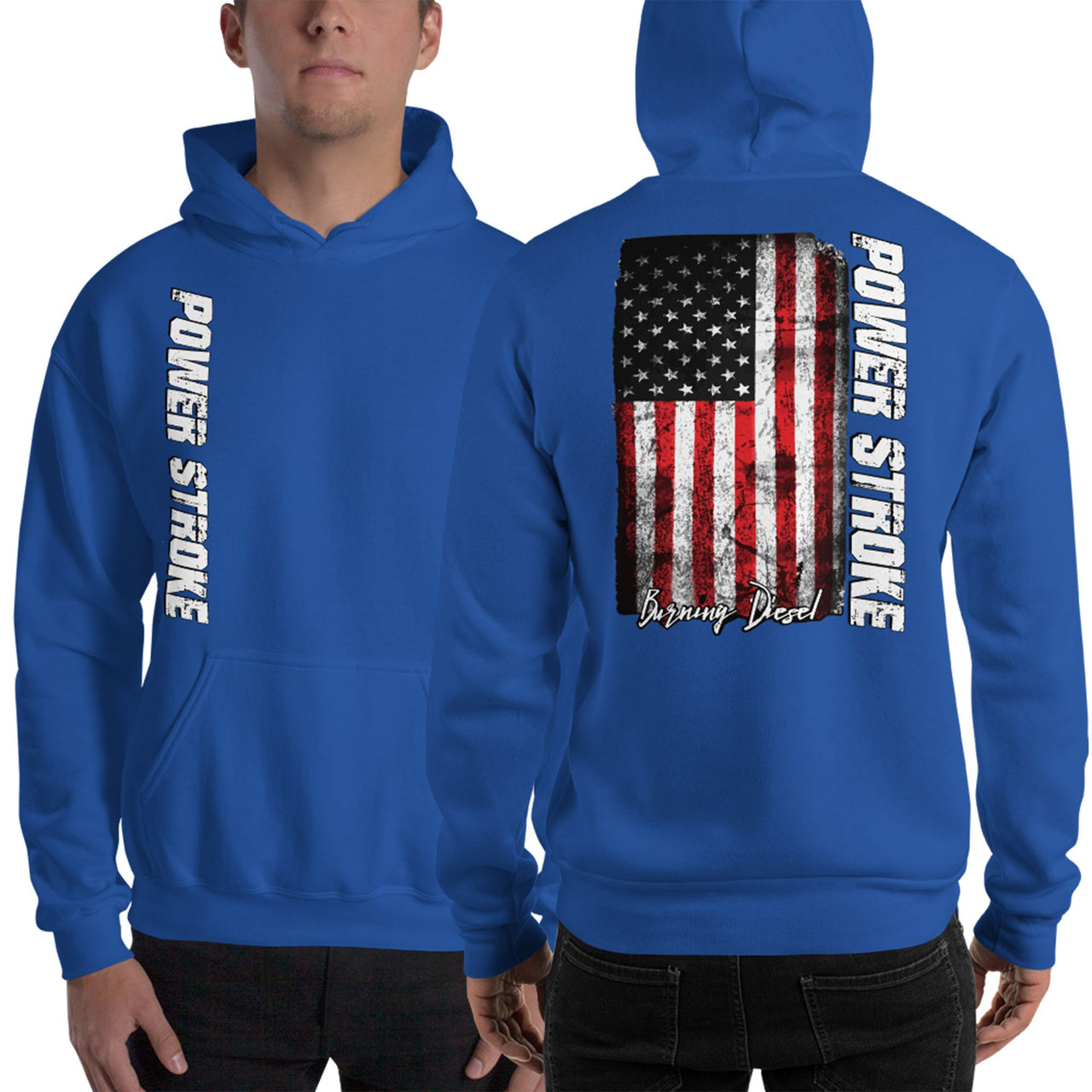 Powerstroke Hoodie with American Flag modeled in blue