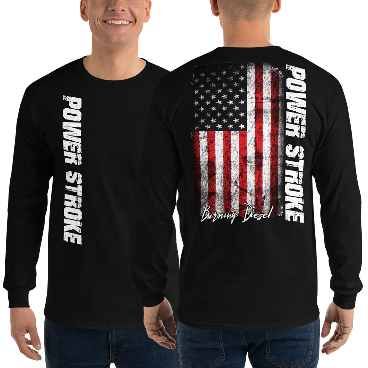 Power Stroke American Flag Long Sleeve T-Shirt black modeled