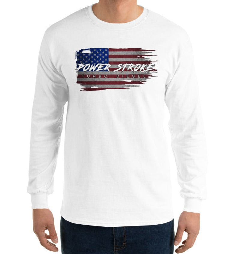 Power Stroke Powerstroke American Battle Flag Long Sleeve T-Shirt-In-White-From Aggressive Thread