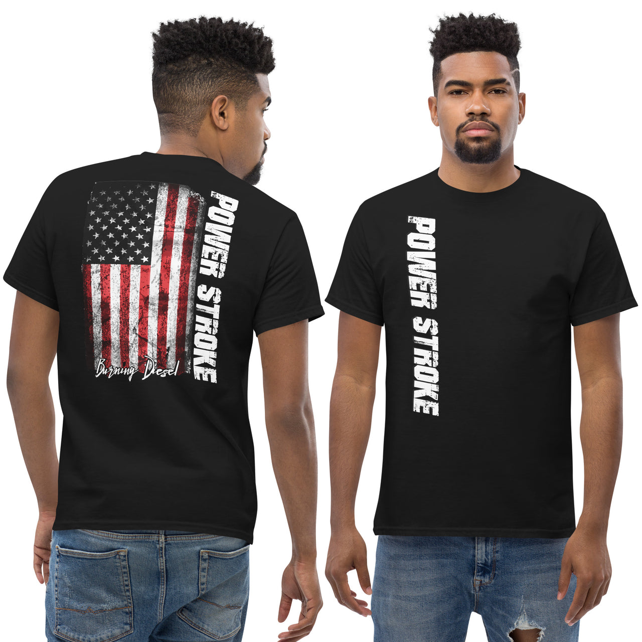 Power Stroke Diesel Shirt American Flag T-Shirt modeled in black from Aggressive Thread