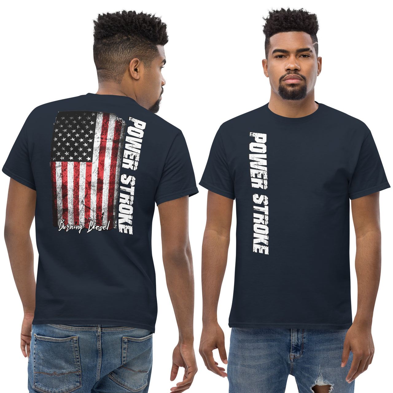 Power Stroke Diesel Shirt American Flag T-Shirt modeled in navy from Aggressive Thread