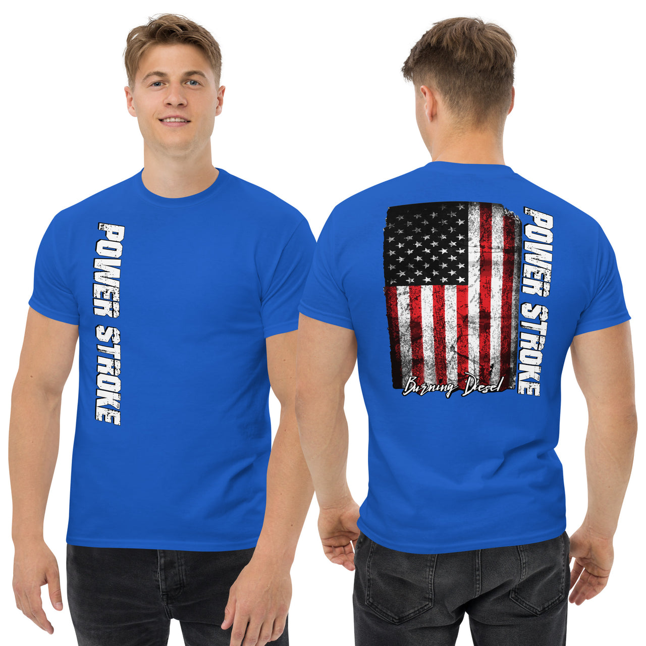 Power Stroke Diesel Shirt American Flag T-Shirt modeled in blue from Aggressive Thread