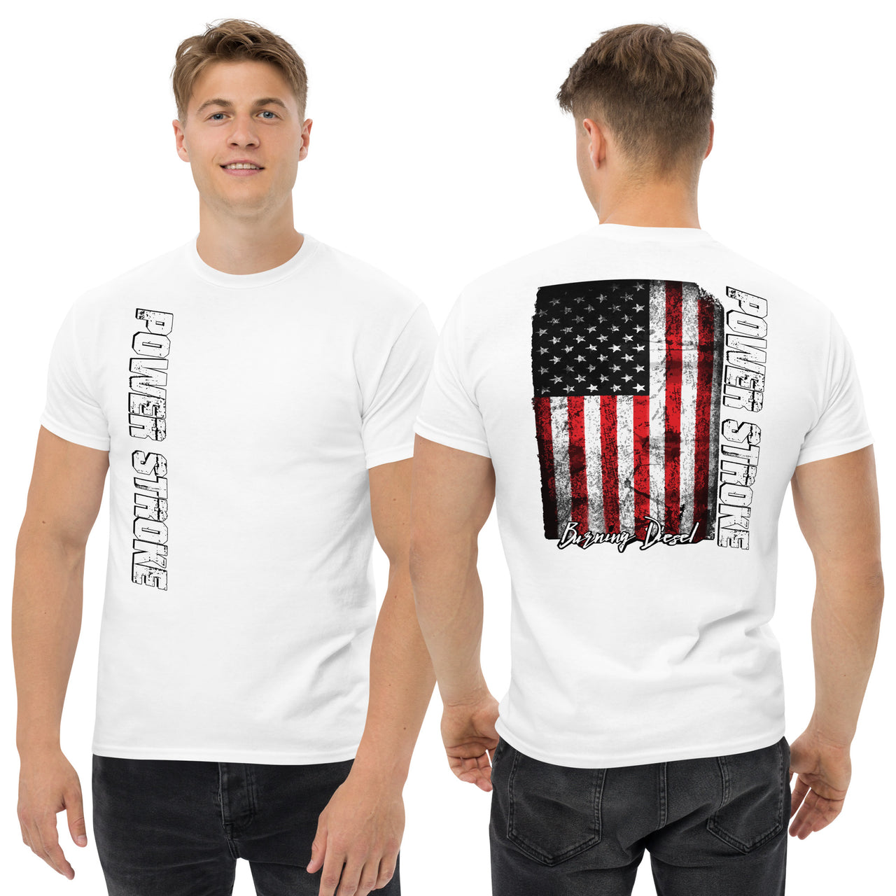 Power Stroke Diesel Shirt American Flag T-Shirt modeled in white from Aggressive Thread