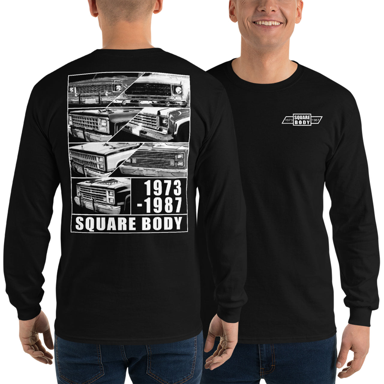 Square Body 1973-1987 Long Sleeve T-Shirt modeled in black