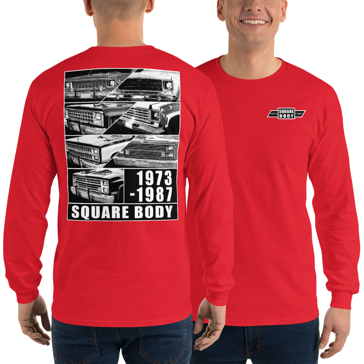 Square Body 1973-1987 Long Sleeve T-Shirt modeled in red