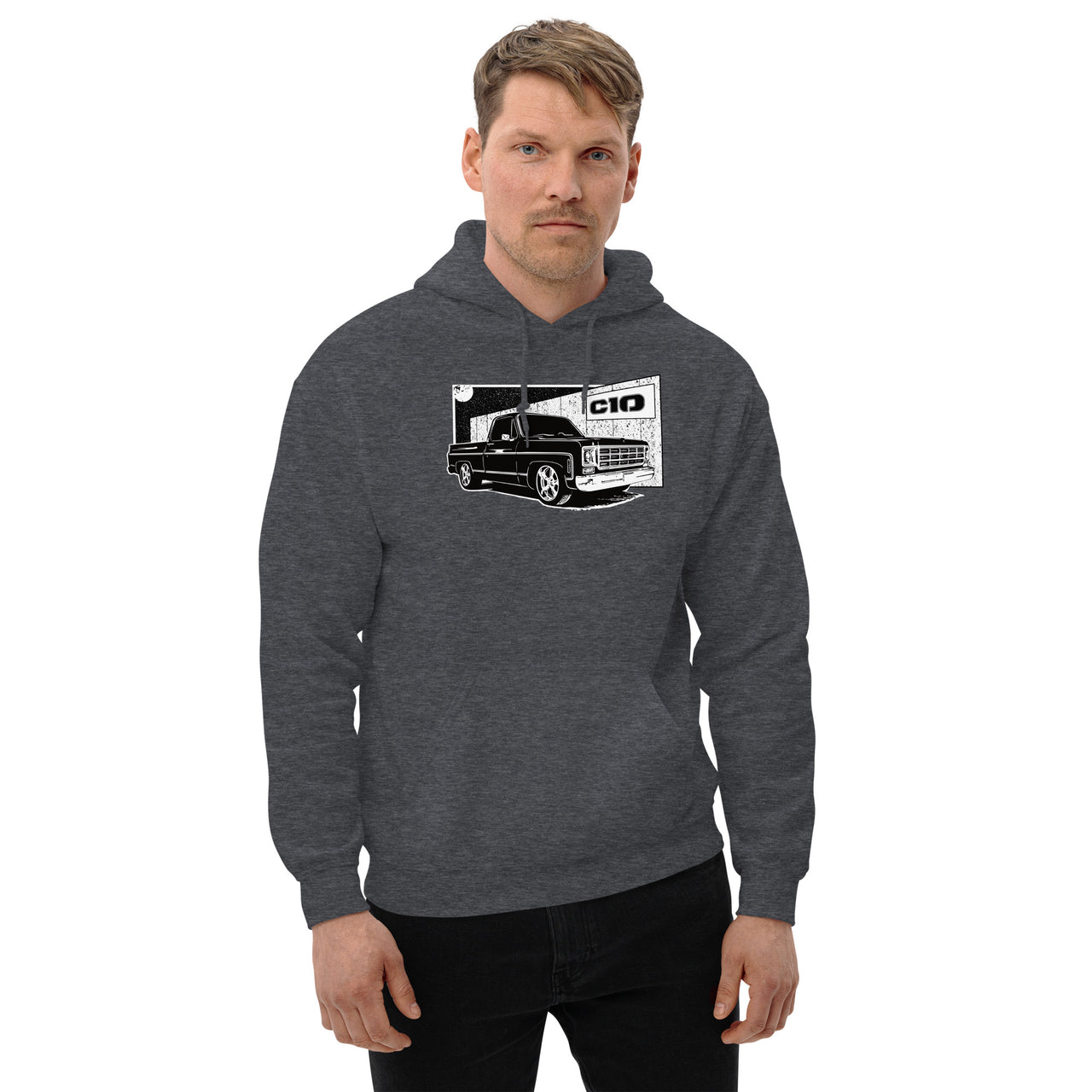Square Body C10 Hoodie modeled in grey