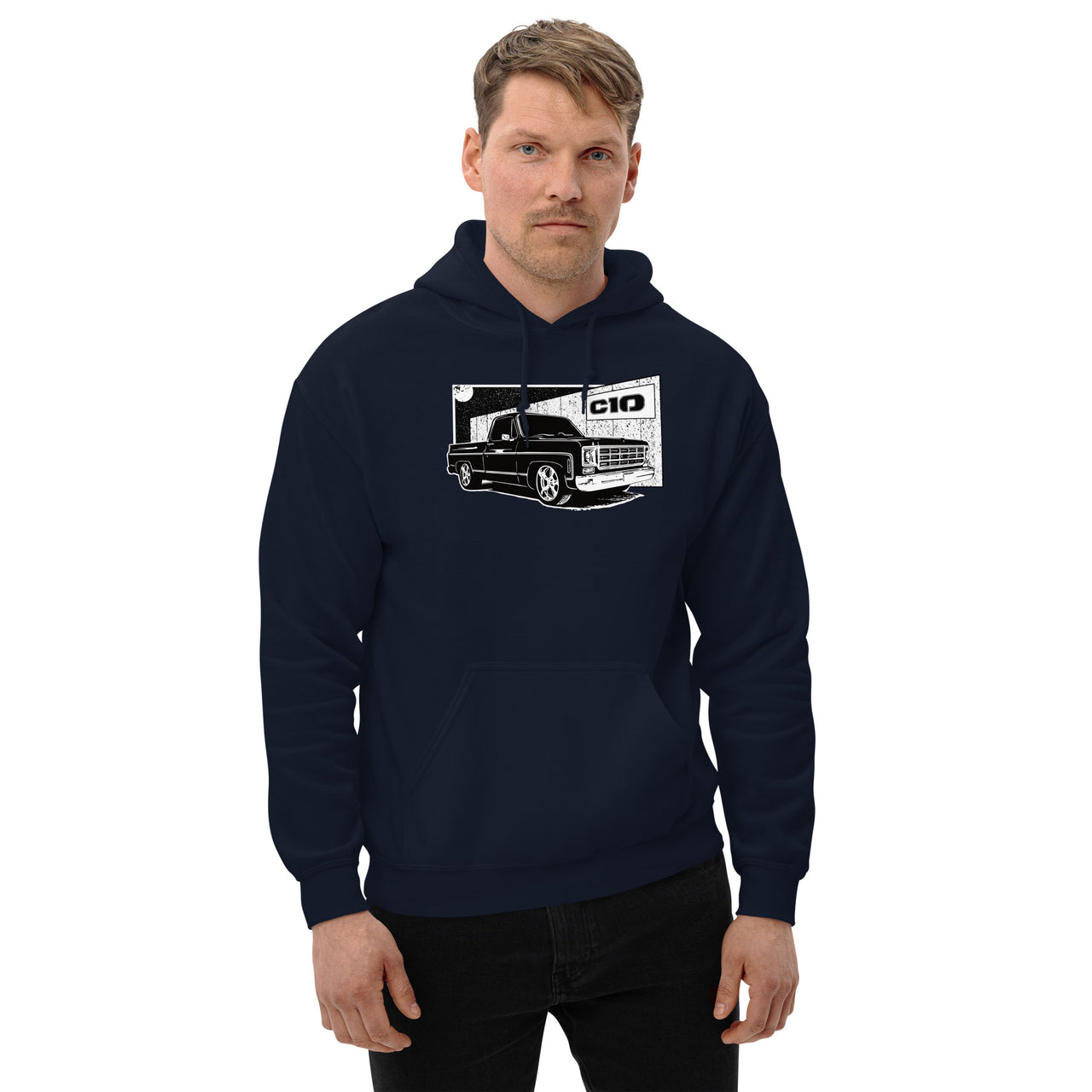 Square Body C10 Hoodie modeled in navy