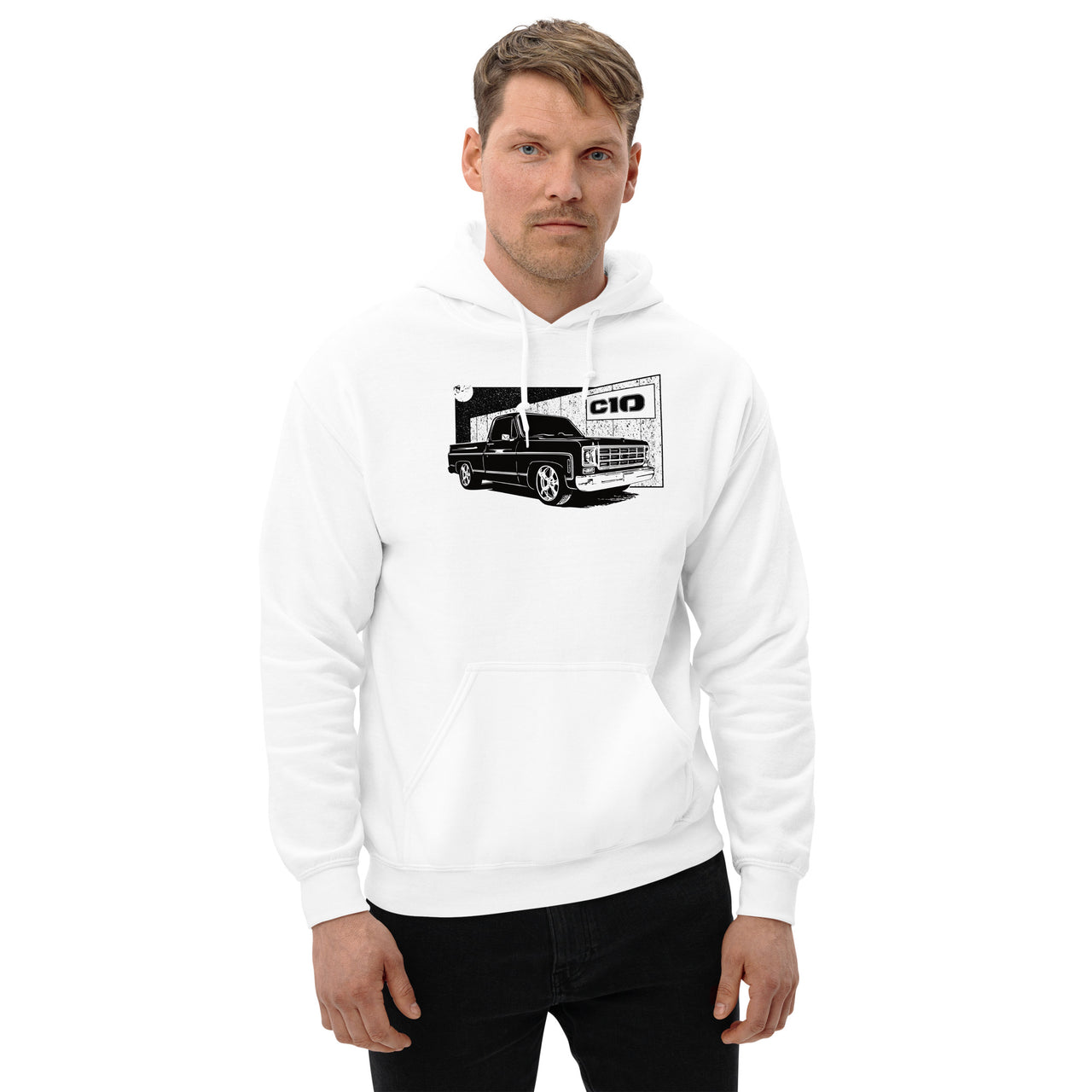 Square Body C10 Hoodie modeled in white