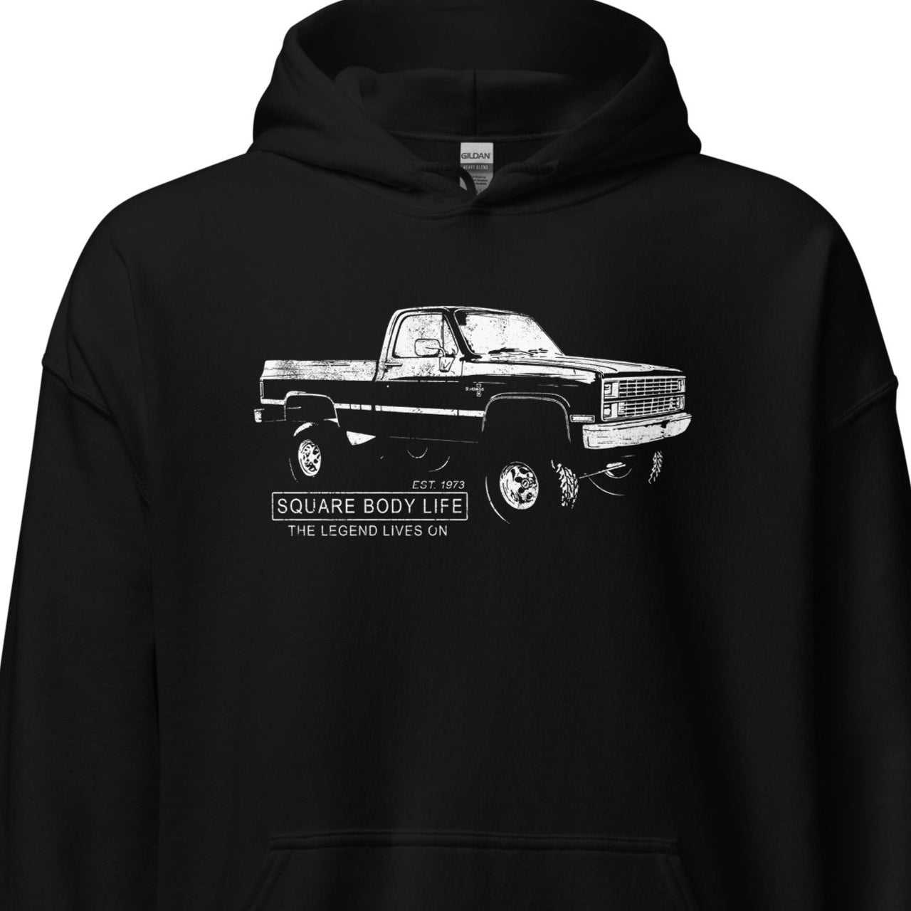 K10 Square Body Hoodie in black - close up of print