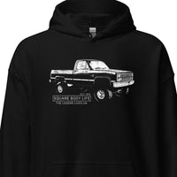 Thumbnail for K10 Square Body Hoodie in black - close up of print