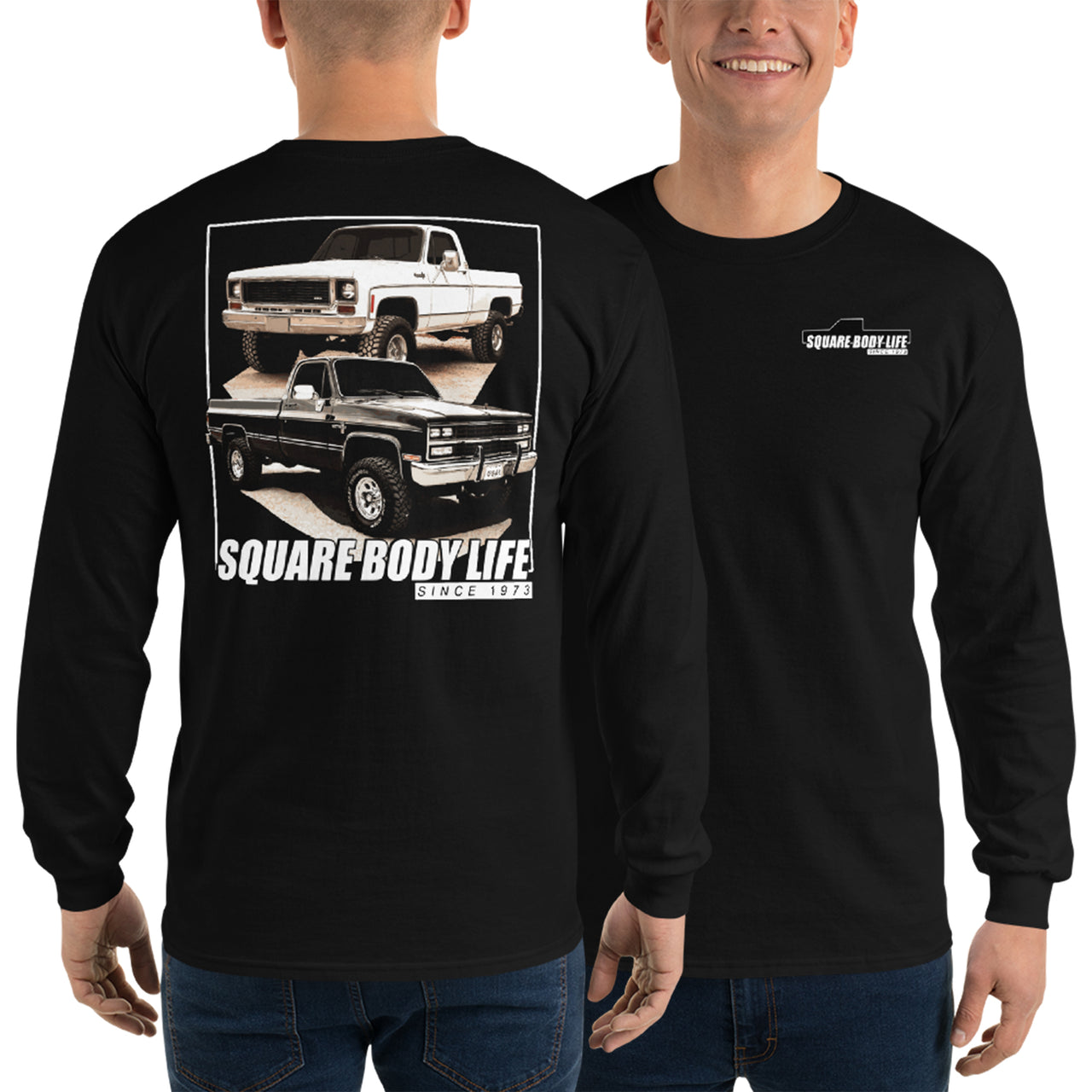 Square Body Life Long Sleeve T-Shirt modeled in black