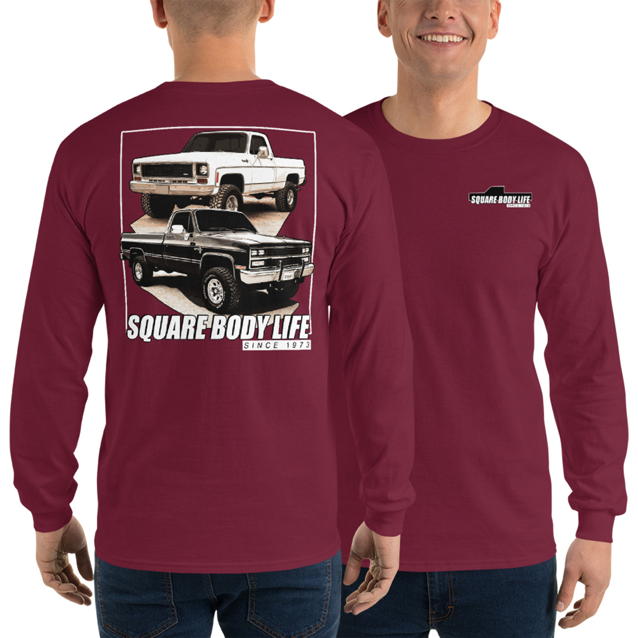 Square Body Life Long Sleeve T-Shirt modeled in maroon
