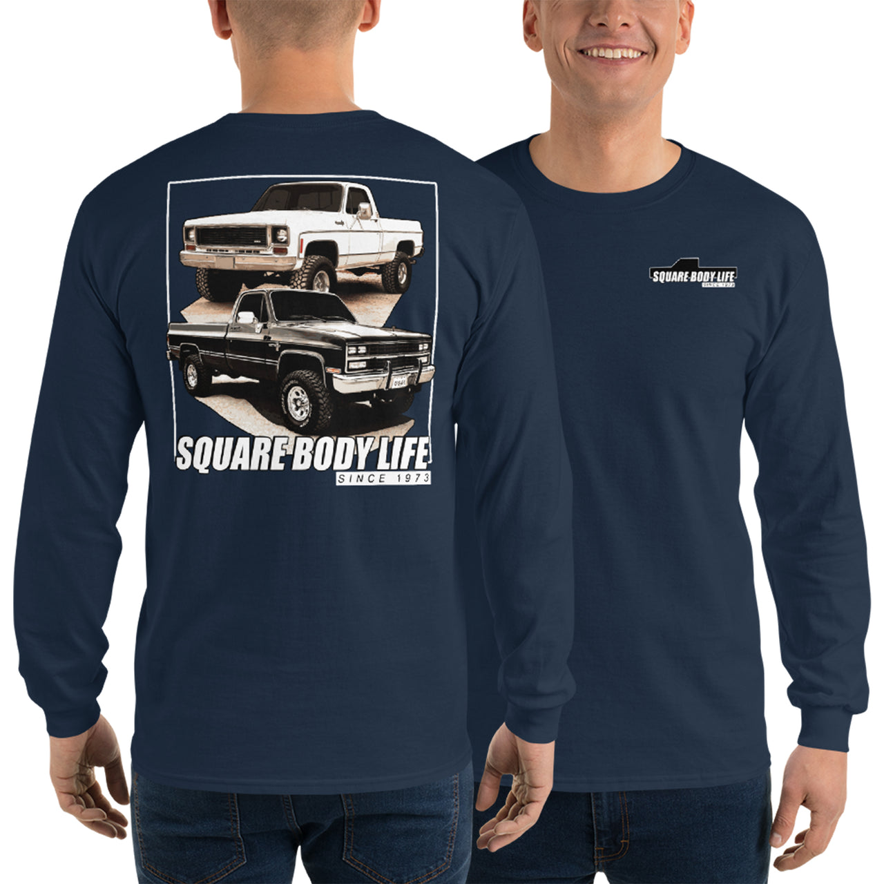 Square Body Life Long Sleeve T-Shirt modeled in navy