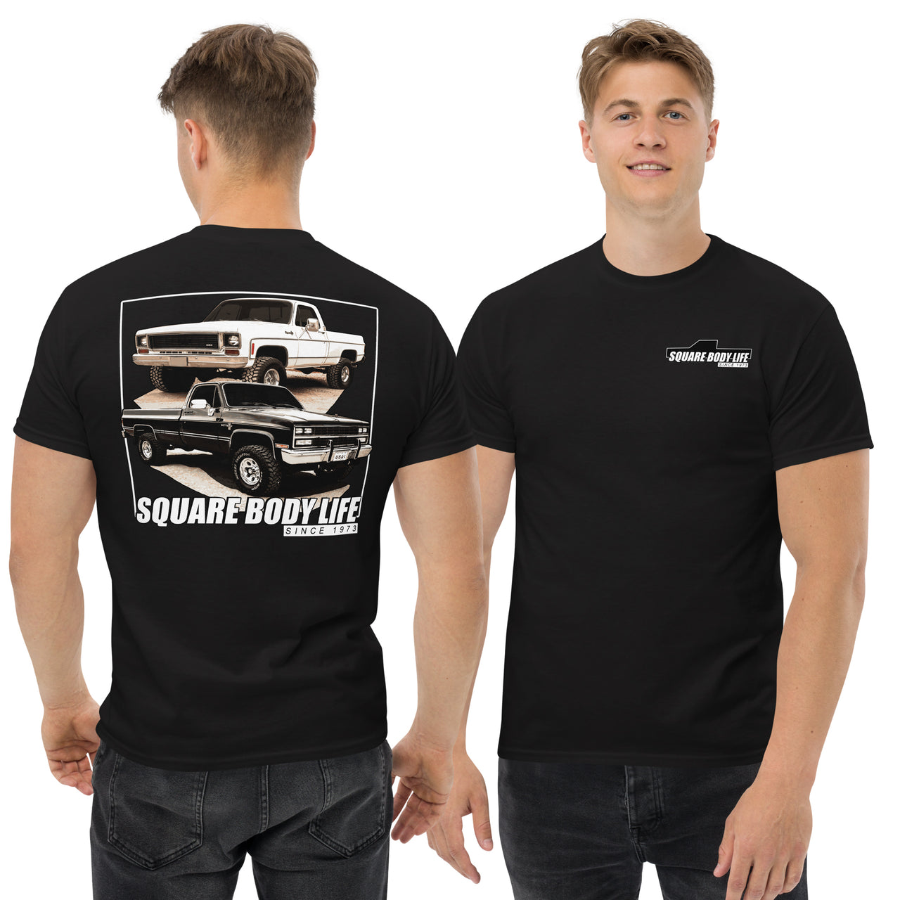 Square Body Life T-Shirt modeled in black